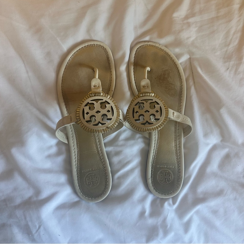 Tory Burch Miller Leather Fringe Logo Sandal Gold